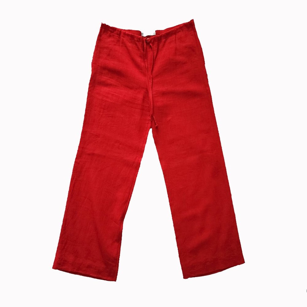 MaxMara Red Linen Wide Leg Drawstring Trousers US SZ 8